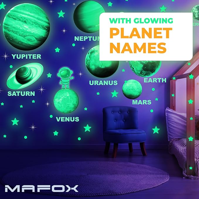 Glow in The Dark Planets, Bright Solar System Wall Stickers -Sun Earth Mars and so on,9 Glowing Ceiling Decals for Bedroom Living Room,Shining Space Decoration for Kids for Girls and Boys