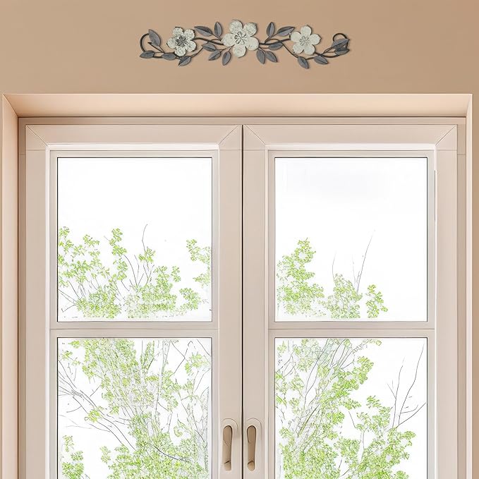 Wesiti Metal Flower Wall Decor Vintage Spring Metal Flower Wrought Iron Scroll Sculpture 15.7''x3.7'' Farmhouse Leaf Wall Decor with Nails for Spring Living Room Bedroom Indoor Outdoor(White)