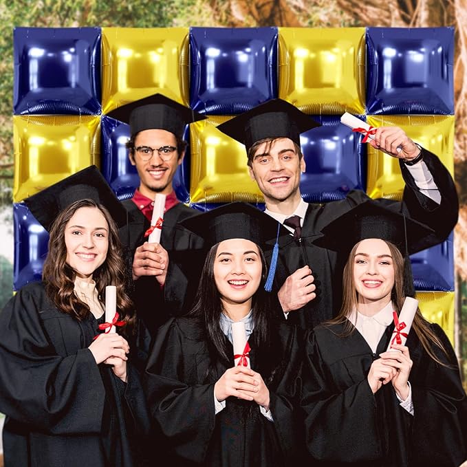 NISOCY 25PCS Blue Gold Square Foil Balloons Wall Backdrop Double Sided Navy Blue Gold Balloons Arch Kit for Birthday Graduation Baby Shower Wedding Anniversary Party Decorations