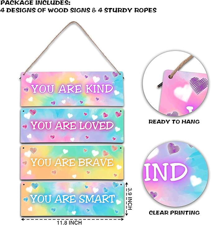 4 Pieces Tie Dye Decor Kids Room Wall Decor Wooden Sign - Motivational Wall Art For Kids Room Nursery Playroom Classroom - You Are Loved Brave Kind Smart(Sign-04)