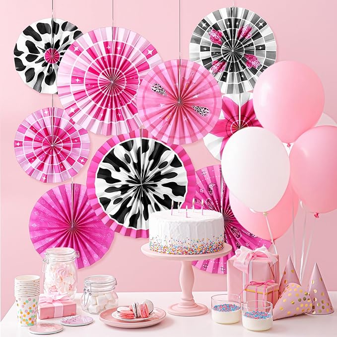 Outus 9 Pcs Disco Cowgirl Party Decorations Paper Fans Western Cowgirl Birthday Decorations Pink Disco Cow Girl Boot Hat Hanging Ceiling Decor for Last Rodeo Cow Girls Bachelorette Party Supplies
