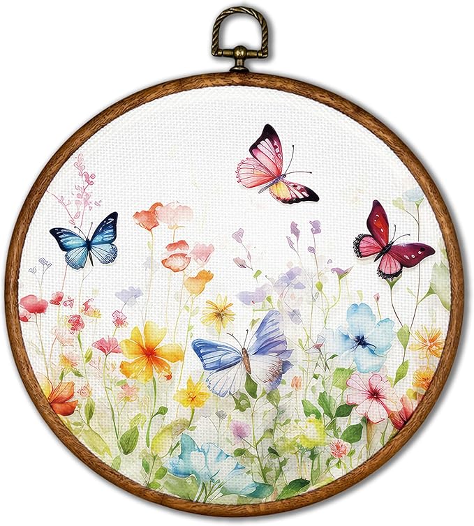 KSDUT Spring Floral Botanical Wall Decor Art - Butterfly Flower Wall Art Canvas Frame Hanging Prints, Preppy Trendy Wildflower Round Wall Art Decor for Farmhouse Gallery Home Decorations 10"x10"