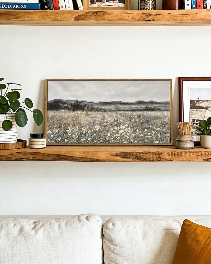 SHENIFY Vintage Framed Wall Art Meadow with Flowers Landscape Painting Retro Scenery Farmhouse Bedroom Living Room Decor - 8x16in Natural Framed