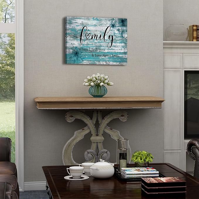 Family Wall Decor Teal Bathroom Decor for Living Room Dining Room Rustic Family Signs for Home Decor Wall Turquoise Inspirational Quotes Canvas Prints Farmhouse Painting Artwork Home Decoration 12x16"