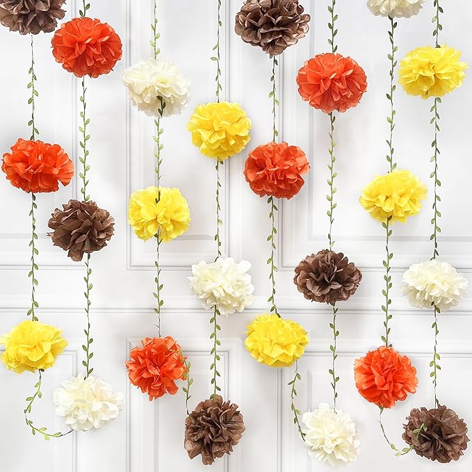 Fall Party Decorations Orange Yellow Brown Beige Tissue Paper Flowers Pom Pom Leaf Ribbon Hanging Garland Streamer for Thanksgiving Harvest Birthday Bachelorette Baby Shower Wedding Party Supplies