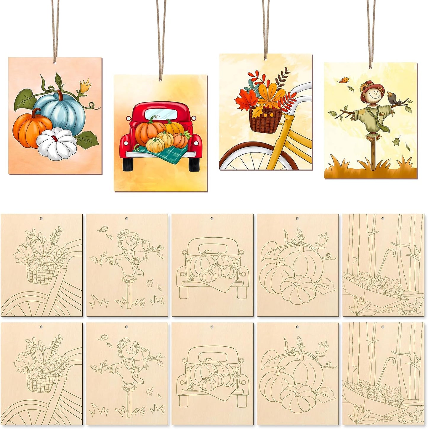 COCHIE 10PCS Large Fall Unfinished Wood Crafts to Paint for Adults Kids, Bulk Predrilled Wooden Ornaments for Painting, Pumpkin Scarecrow Maple Leaf Paintable Wood Slices Craft Supplies with Ropes