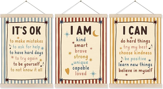 Koesus Inspirational Classroom Striped Wall Art Poster Hanger Frame 12x16 Inch Set of 3, Positive Affirmations for Kids, Motivational Canvas Pictures Prints Framed Wall Decor for Classroom Kids Room Playroom