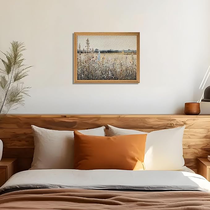Vintage Landscape Wall Art, 3D Textured Nature Rustic Farmhouse Wall Decor Painting, Hand Drawn Sandstone Country Wildflowers Artwork Picture for Living Room Bedroom 12x16 Inch Framed