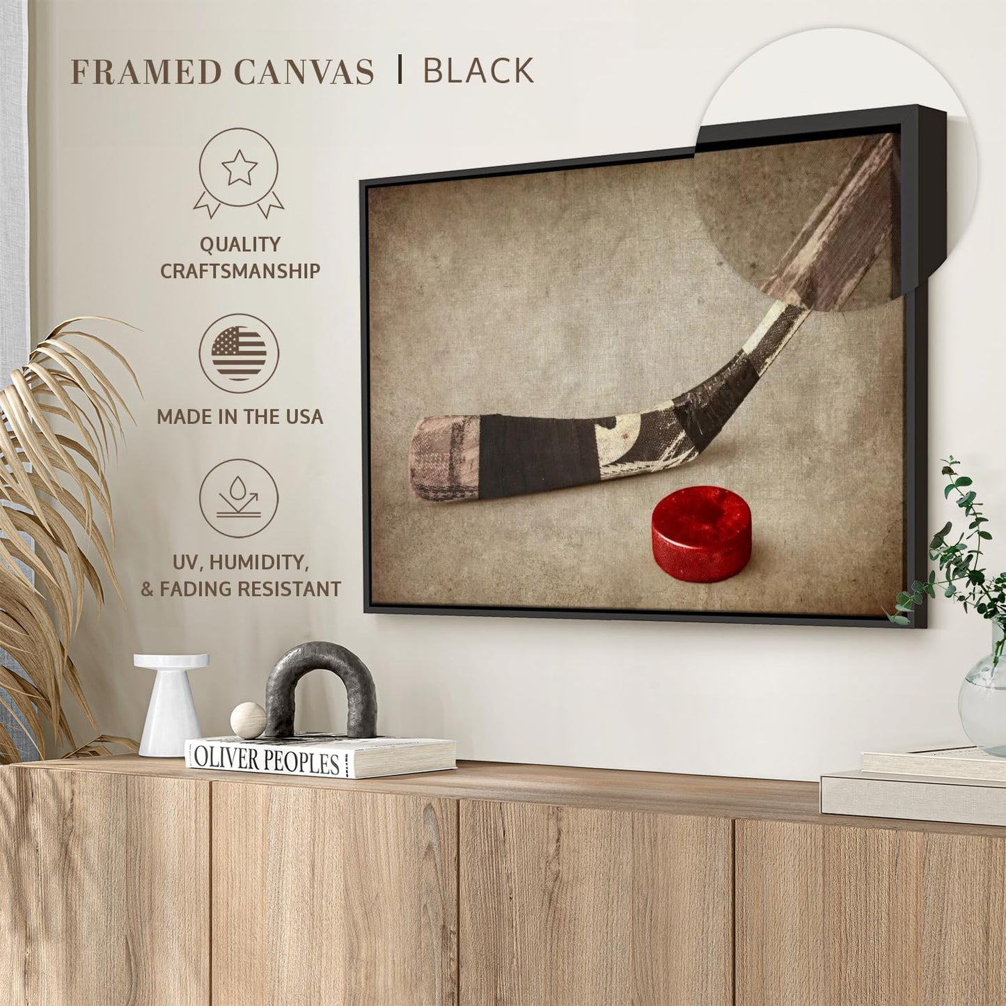 Elephant Stock Vintage Ice Hockey Wall Art - Horizontal Framed Canvas - 1-Piece Hallway Wall Decor - Photography Sports Canvas Print - Brown and Beige Decor for Wall - 25" X 17"