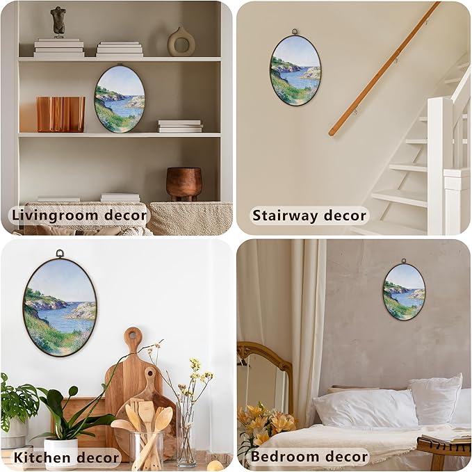 Gnmduw Wildflower Meadow River Landscape Oval Wall Art Framed, Farmhouse River Cottage Natural Scenery Canvas Prints Hanging Decor Decorations, Rural Landscape Wall Decor for Bedroom Gallery, 8.7x11.3