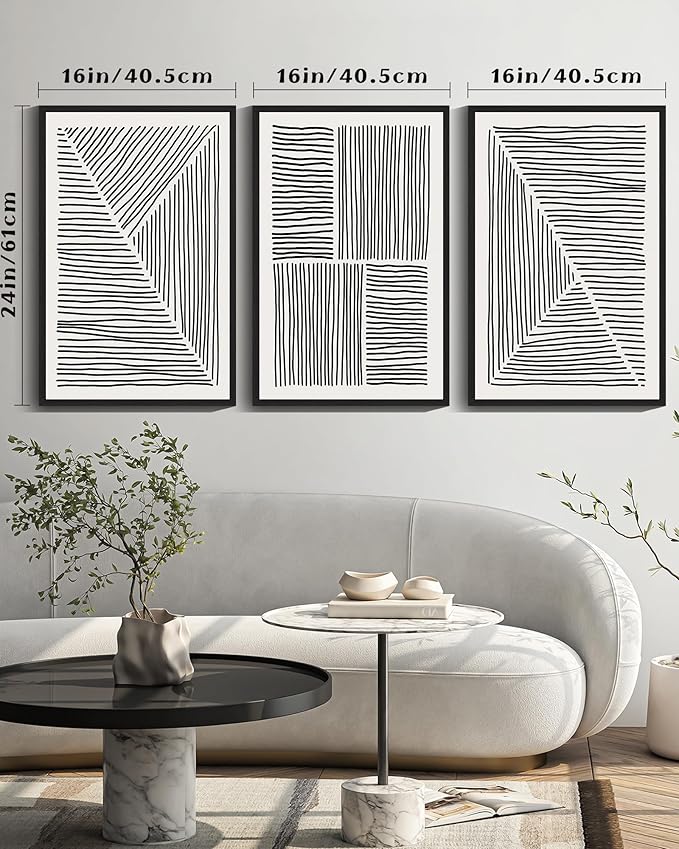 Drsoum Mid-Century Modern Framed Wall Art Large 16x24in Minimalist Abstract Boho Black Line Wall Decor Geometric Artwork Kitchen Dining Room Black Framed