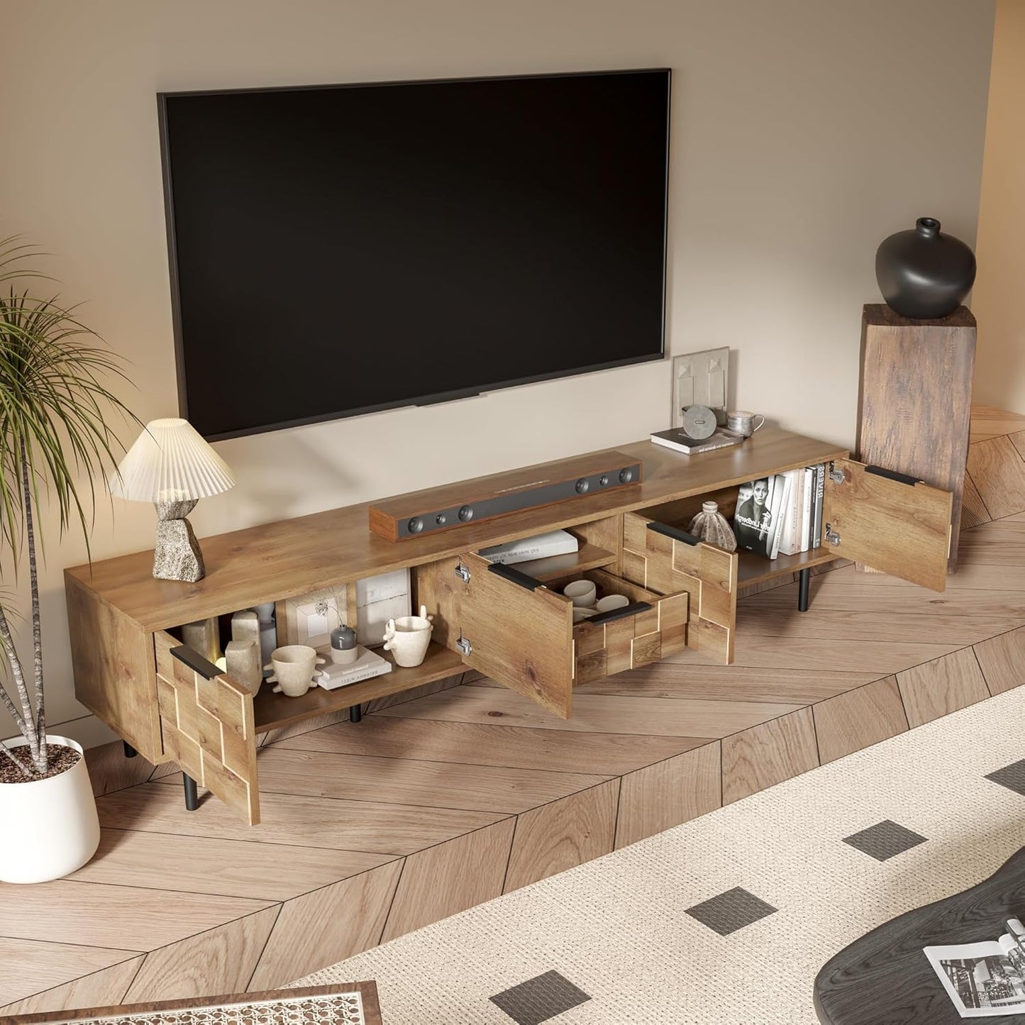 Modern TV Stand for TVs up to 85", Mid-Century Media Console with Checkered Cabinet Doors, Storage Drawers & Open Shelves, Wood Entertainment Center with Metal Legs