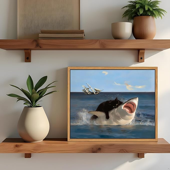 Floating Framed Black Cat Wall Art, Funny Quirky Cat and Shark Pictures Canvas Print, Abstract Black Cat Shark Posters Wall Decor for Room Bedroom Living Room Bathroom Aesthetic 8x10 inch