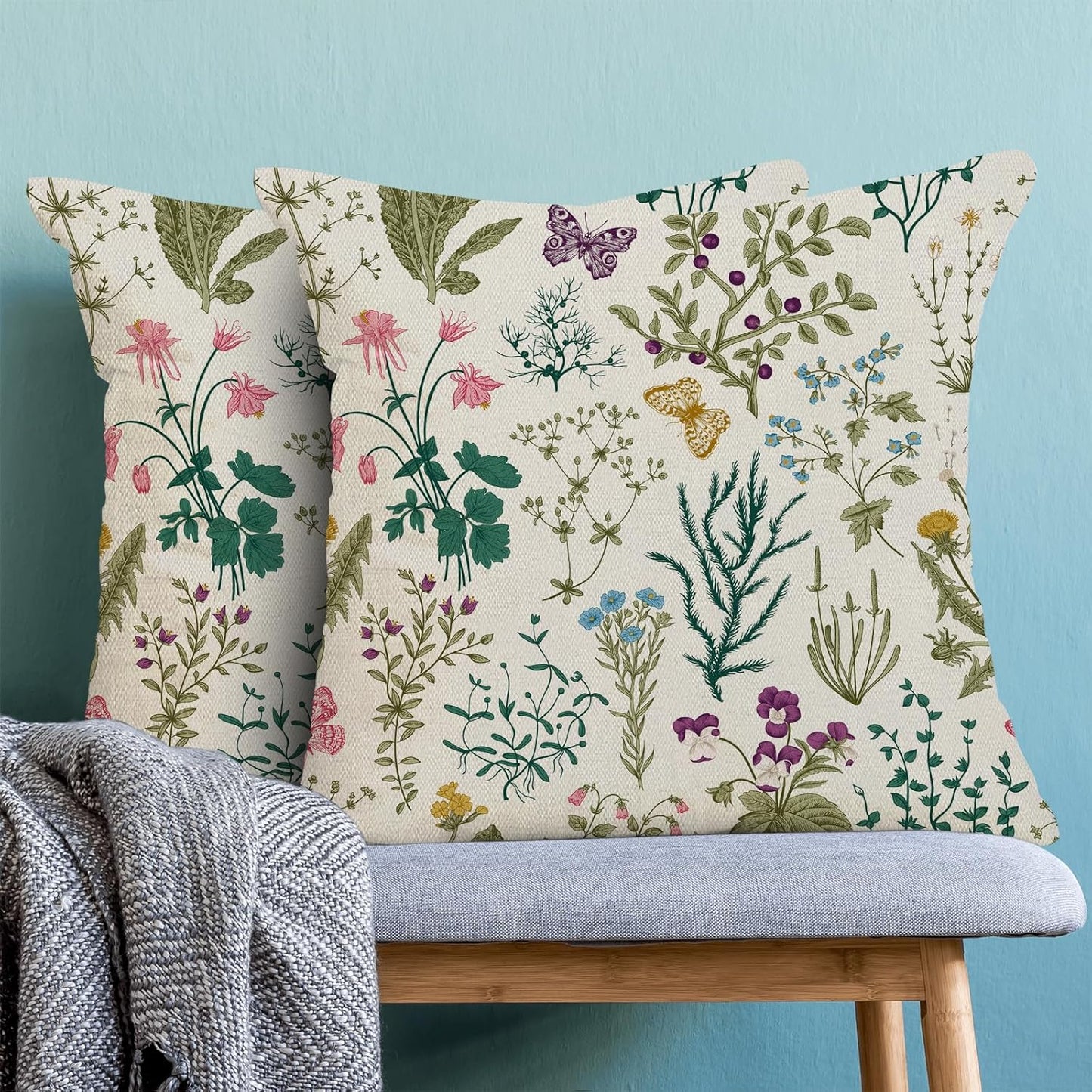 CXMEIFLY Spring Pillow Covers 16 x 16 Inch Set of 2 Vintage Sage Green Teal Wild Flowers Decor Throw Pillows Leaves Plant Outdoor Farmhouse Decorative Cushion Cases for Couch Bed Sofa Decoration