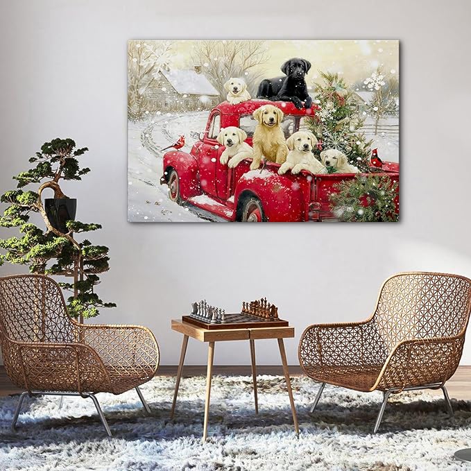 Vintage Christmas Wall Art Winter Farmhouse Scenic Wall Decor Red Truck Christmas Tree Canvas Prints Cute Puppy Pictures Snow Country Landscape Artwork for Bedroom Kitchen Home Decorations 32x48"