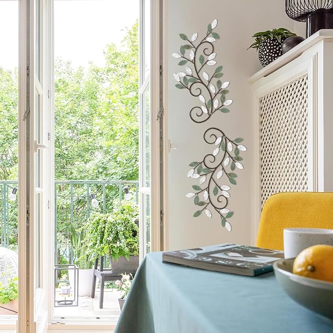 ESTART 2 Pieces Metal Tree Leaf Wall Decor Vine Olive Branch Leaf Wall Art Ornament Wall Hanging Sign for above Door, Living Room, Bathroom, Office, Indoor and Outdoor Decoration (White Green Colors)