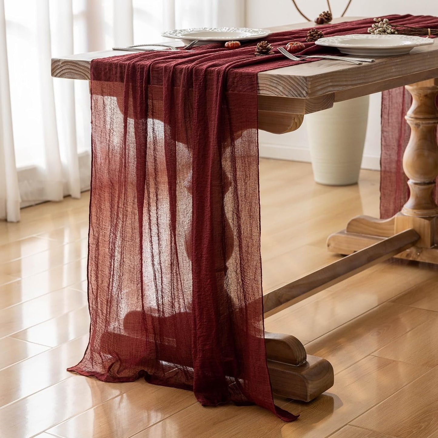 Burgundy Table Runner Red Cheesecloth Gauze 120 Inch 10 FT Rustic Boho Cheese Cloth Runner for Wedding Baby Shower Bridal Shower Birthday Party Long Sheer Home Decorations