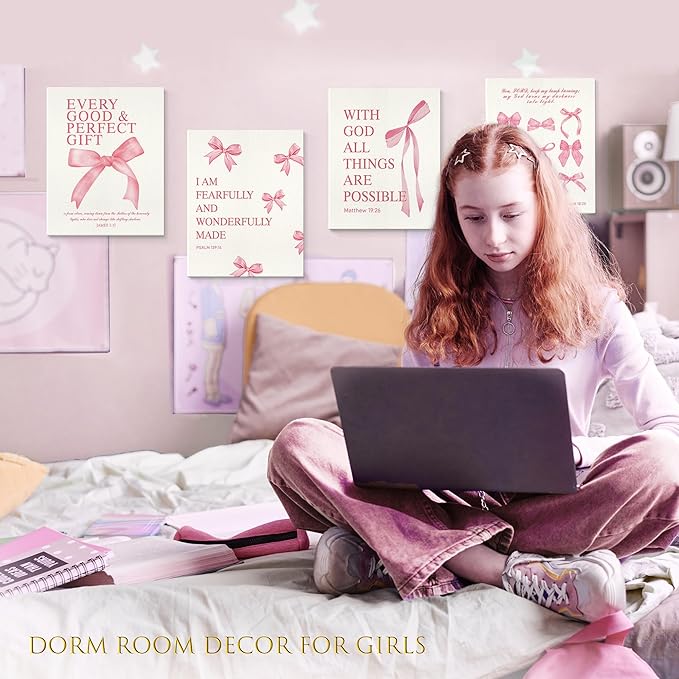 LARTSFRO Coquette Pink Bow Canvas Wall Art Decor Prints Posters, Pink Bow Room Bedroom Bathroom Dorm Wall Art Decor Aesthetic for College Teen Girls Gifts, Inspirational Bible Verses Bow Wall Decor, 11x14 Inch Set of 4 Pcs Bow Pictures (Canvas Framed 1...