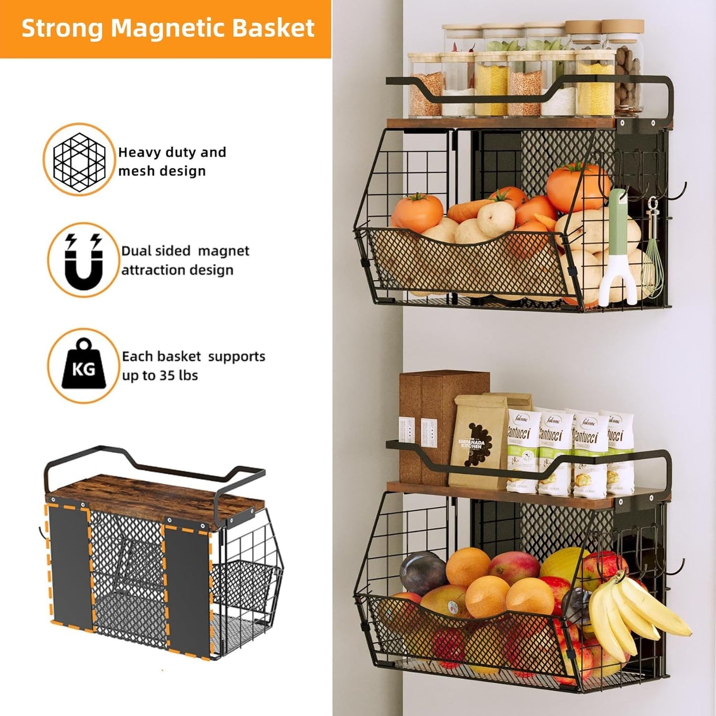 Magnetic Shelf for Fridge with Wood Lid, Magnetic Spice Rack for Refrigerator Large Capacity Sturdy with 4 Hooks,Magnetic Basket for Kitchen Pantry Laundry (1 Set with Buckles)