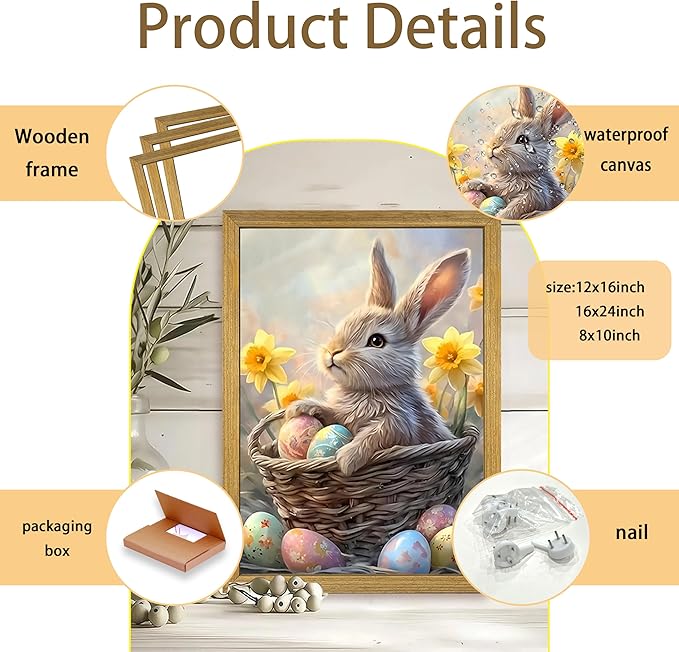 Easter Bunny Wall Art, Cute Rabbit Canvas Wall Decor Painting, Easter Eggs Poster Print Picture, Spring Farmhouse Animal Oil Painting for Living Room Bedroom Kitchen Holiday Home Decor 16x24 Inch Wood Framed