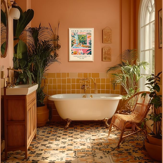 IAFWZX Wood Framed Funny Bathroom Wall Art, Humorous Tiger In Bathtub Wall Decor, Henri Matisse Whimsical Animal Canvas Painting, Colorful Tropical Botanical Artwork for Living Room Bedroom 16"x24"