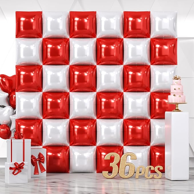 NISOCY 36PCS Red White Square Foil Balloons Wall Backdrop Double Sided Red Pearl White Balloons Arch Kit for Birthday Wedding Bridal Shower Valentine Anniversary Party Decorations