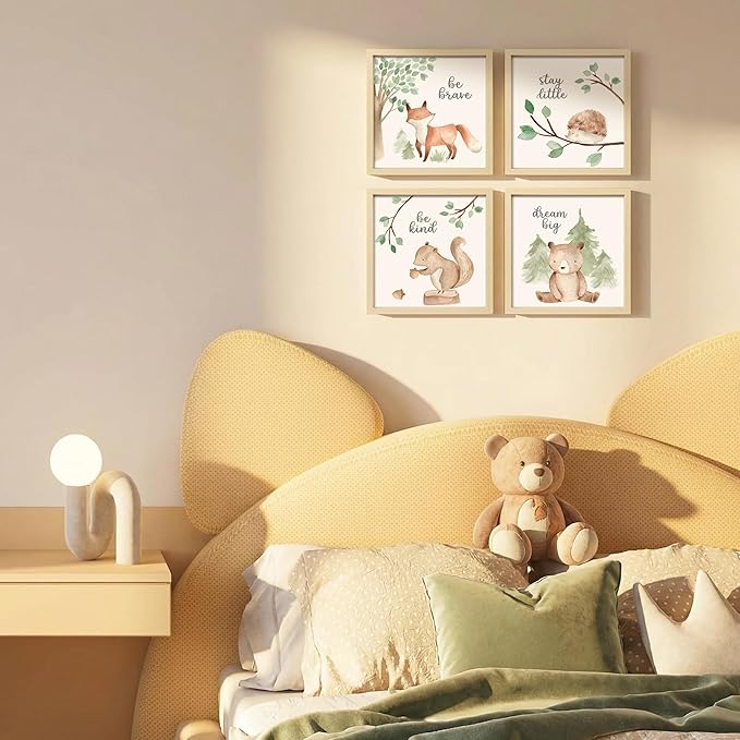 ArtbyHannah Framed Woodland Nursery Wall Decor, 8x8 Inch Cute Baby Safari Wall Art, Green Kids Art Frame with Forest Animals Prints for Playroom Classroom Bathroom Baby Shower Decoration(4 Pack)