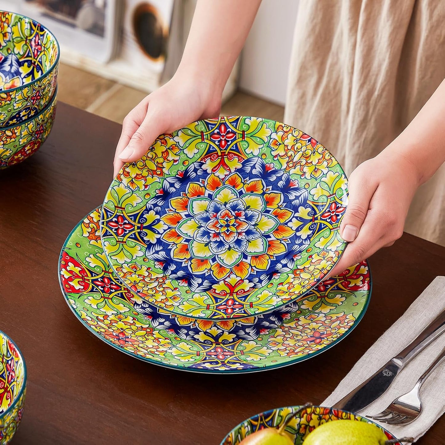 vancasso 12 Pieces Dinnerware Sets, Green Plates and Bowls Set, Porcelain Dishes Set for 4, Microwave and Dishwasher Safe, Scratch Resistant, Bohemian Style Dining Ware Service for 4, Series SIMI