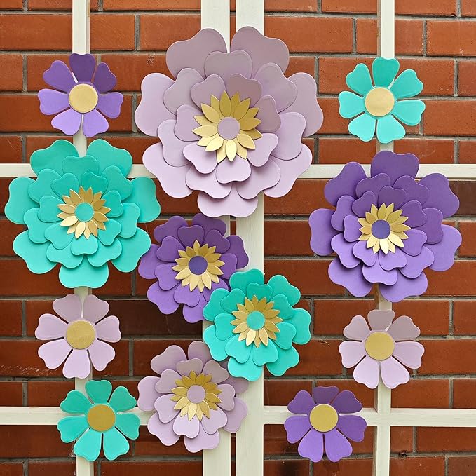 Teal Purple Paper Flower for Wall Turquoise Green Lavender Lilac Mermaid Birthday Party Wedding Bridal Baby Shower Party Decoration Pack of 12