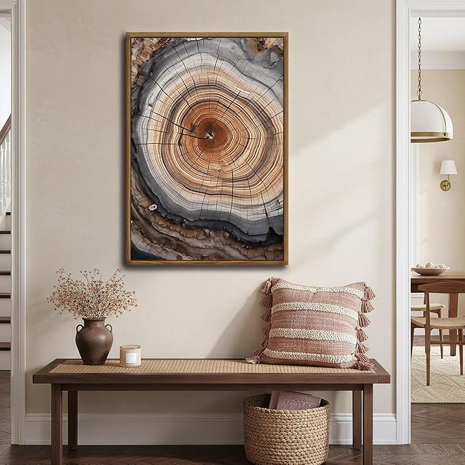 IBHJSART Framed Tree Ring Canvas Wall Art Vintage Colorful Wood Stump Painting Prints Modern Minimalist Pictures Neutral Nature Rustic Farmhouse Decor Living Room Bedroom Bathroom Office