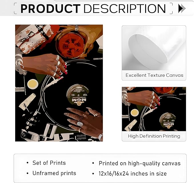 JWDXNOOK 3pcs Fashion Feminine Wall Art Funky Retro Music Wall Decor Fashion Hands Print DJ and Black billiard 8Theme Triptych Paintings Poster for Game Room Bar Living Room Bedroom Decor Unframed