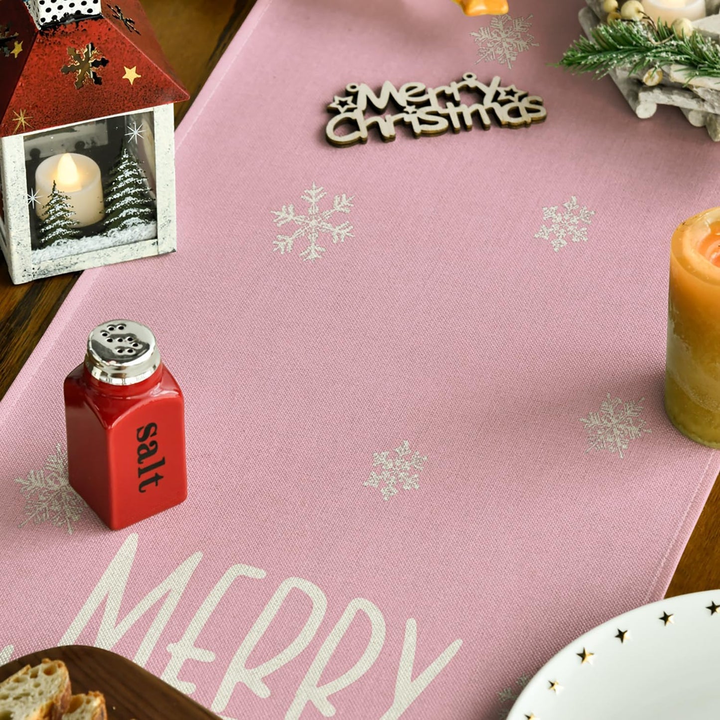Artoid Mode Xmas Trees Snowflakes Pink Merry Christmas Table Runner, Winter Seasonal Kitchen Dining Table Decoration for Home Party Decor 13x36 Inch