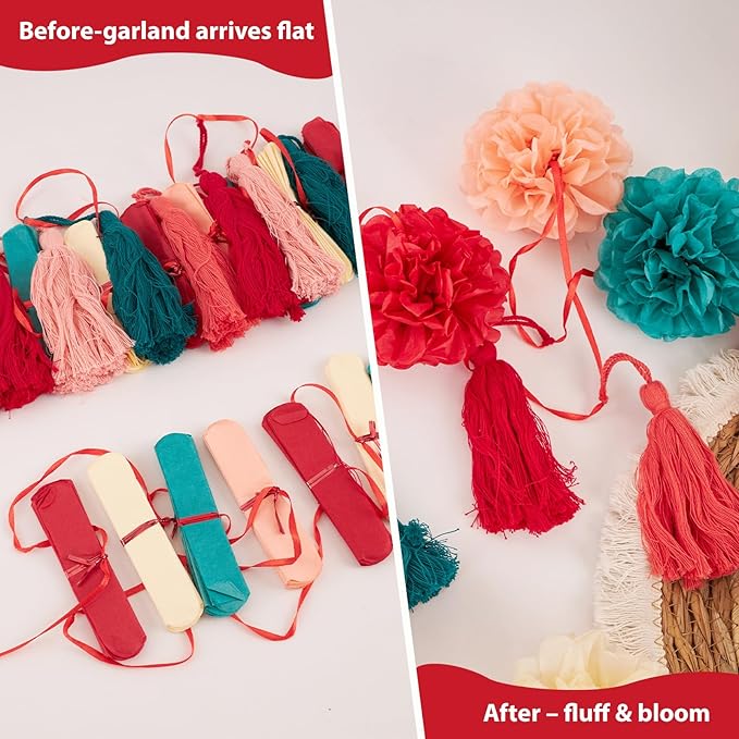 Tissue Paper Pompom Garland with Cotton Tassels, 2 Pcs Christmas Garland for Mantel, Window, Staircase, Holiday Party Decorations, Christmas Hanging Decorations, Green Red Pink Pompom