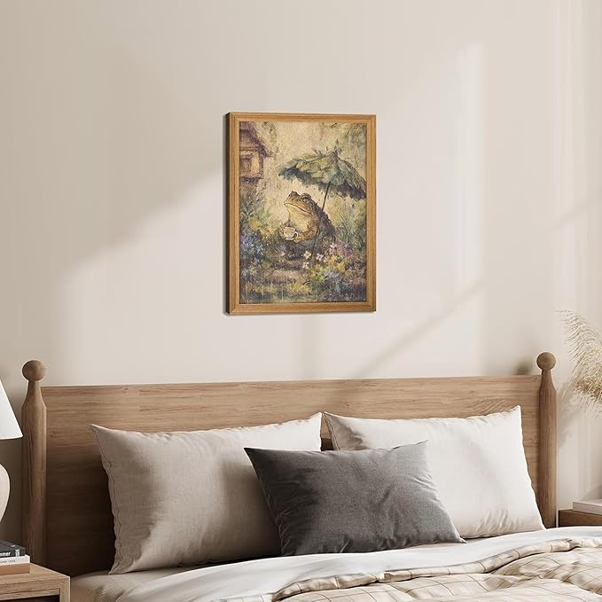 3D Textured Framed Vintage Frog Wall Art, Rustic Farmhouse Animal Wall Decor, Funny Frog with Umbrella Sandstone Painting, Whimsical Cottagecore Picture for Living Room Bedroom 12x16 Inch