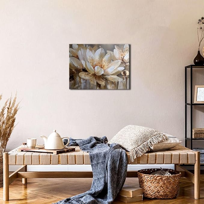 White Lotus Wall Art Zen Lotus Flower Pictures Wall Decor Abstract Floral Canvas Prints Poster for Yoga Spa Modern Meditation Spiritual Artwork for Bathroom Living Room Office Home Decoration 12x16"