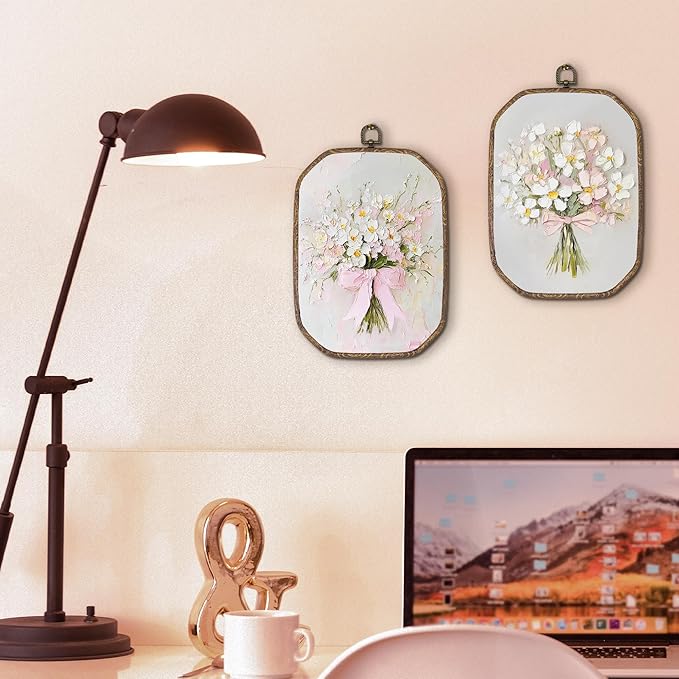 Hxlac Vintage Pink Bow Floral Bouquet Rectangular Wall Art Framed Set of 2, White Floral Rectangular Wall Decor, Spring Flower Hanging Canvas Prints Wall Sculptures for Bedroom Decor, 7.1x10.2 Inch