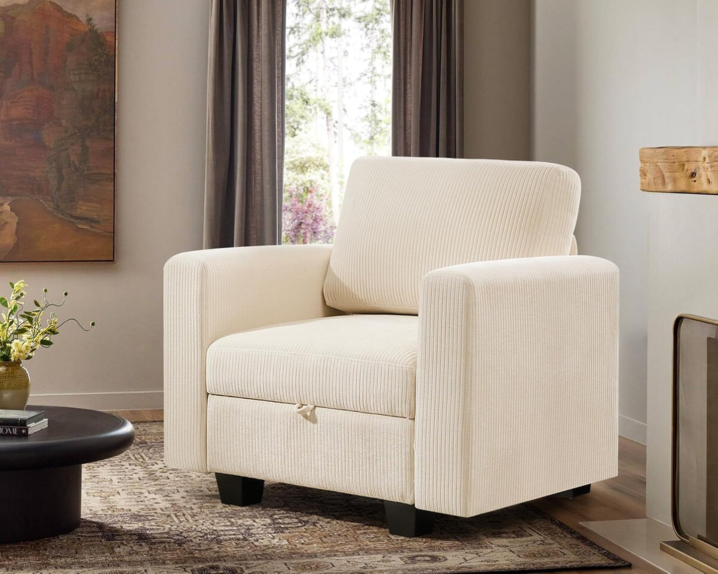 38.5 Oversized Accent Chair with Storage Ivory Corduroy, Single Modern Accent Sofa Chair with Arms for Apartment Living Room (21" Deep Seat)