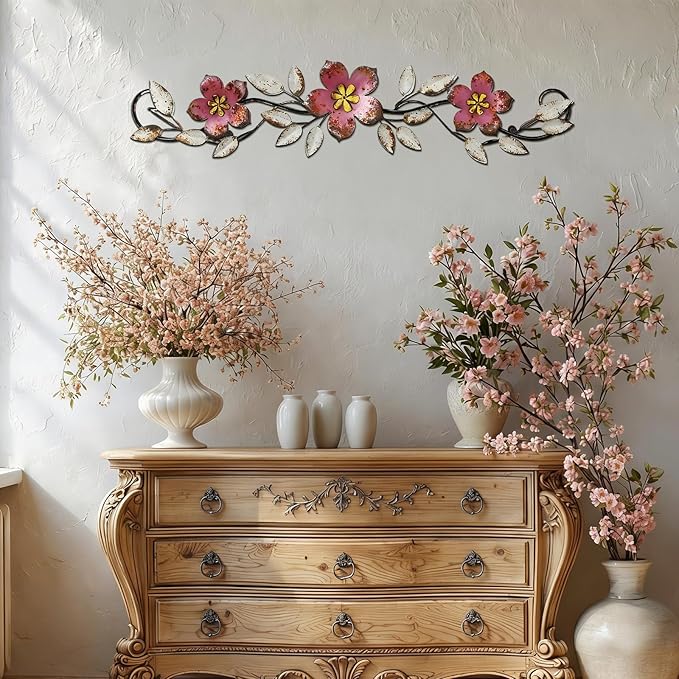 Wesiti Metal Flower Wall Decor Vintage Spring Metal Flower Wrought Iron Scroll Sculpture 15.7''x3.7'' Farmhouse Leaf Wall Decor with Nails for Spring Living Room Bedroom Indoor Outdoor (Pink)