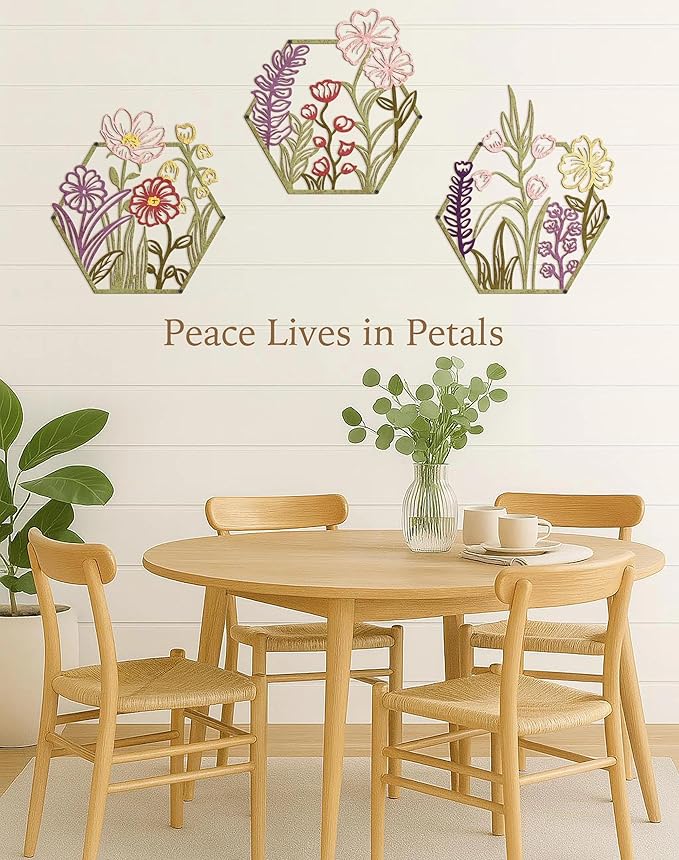 CarryWise 3 Piece Metal Flower Wall Art for Bedroom Living Room Rustic Farmhouse Floral Wall Decor for Bathroom Dining Room Boho Home Decorations Modern Minimalism Hanging Sculptures Polygon