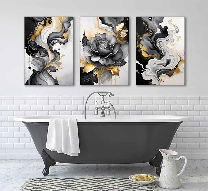 3pcs Black And Gold Abstract Canvas Wall Art Modern Black Grey And Gold Marble Wall Decor Pictures Minimalist Foil Fluid Texture Posters Prints for Living Room Bedroom Office Home Decoration