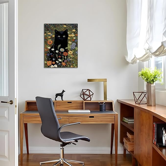 Framed Cat Canvas Wall Art, Funny Black Cat Picture Wall Decor, Animal In Garden Flowers Prints Poster for Bathroom Bedroom Living Room Gallery Decor 16x24 inch