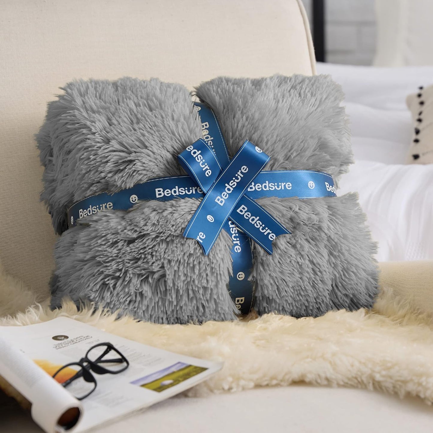 Bedsure GentleSoft Fluffy Grey Blankets Queen Size for Bed, Thick Sherpa Faux Fur Fleece Fuzzy Plush Winter Warm Heavy Soft Queen Blankets, Bedroom Decor Grey Gifts Cozy Gifts for Women Men, 90x90