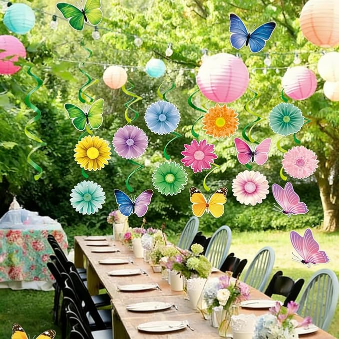 Pastel Rainbow Easter Party-Decorations Supplies - 15pcs Spring Flowers Butterflies Ceiling Hanging Swirl Banner,Home Office Streamers Garland,Outdoor Indoor Birthday Wall Backdrop Decor Burgleda