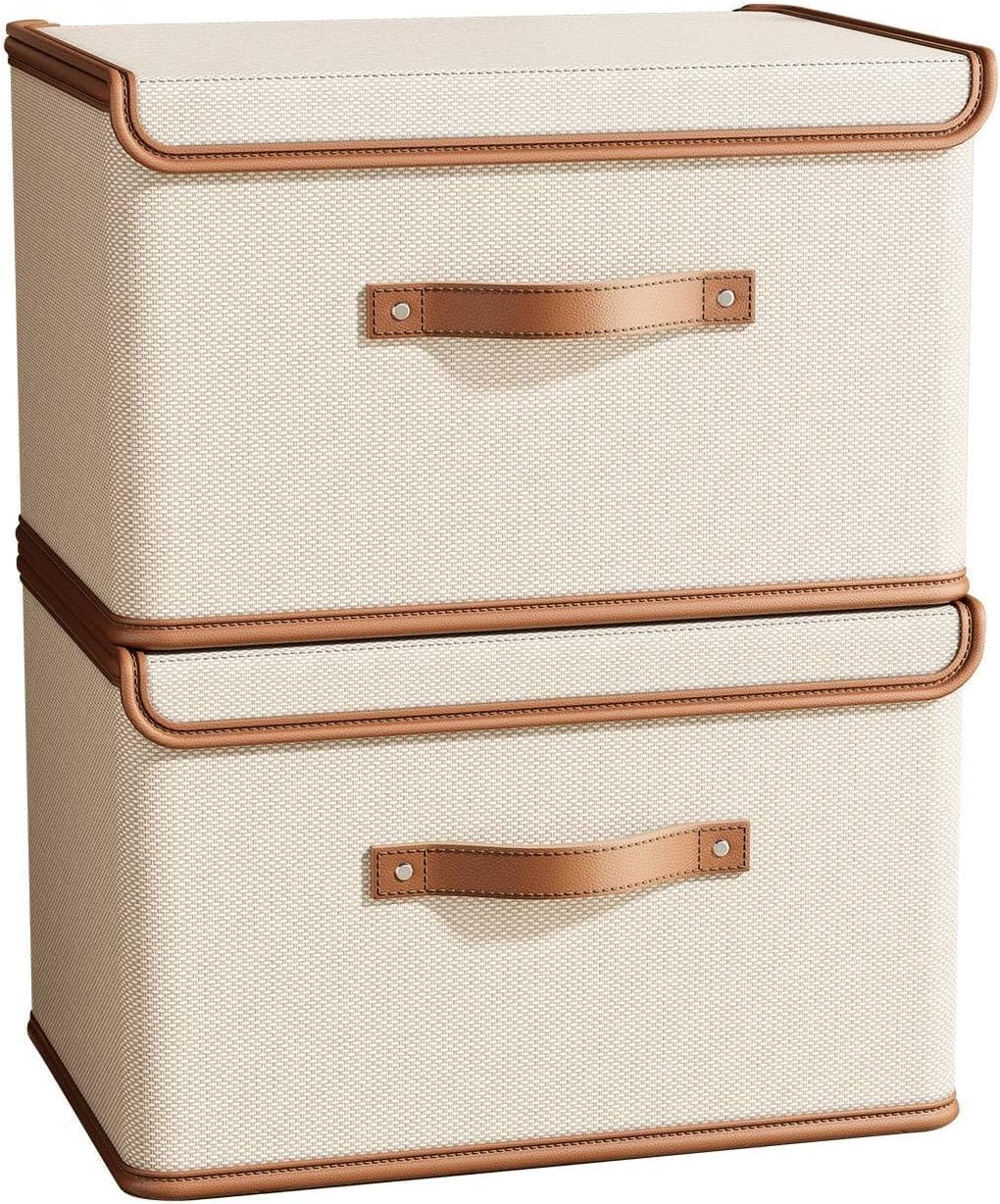 Tuza 2 Pack Storage Bins with Lids, Collapsible Closet Organizer Container, Fabric Organizer Box with Handles, Decorative Storage Boxes with Lids for Organizing Clothes, Blanket, White, Extra Large
