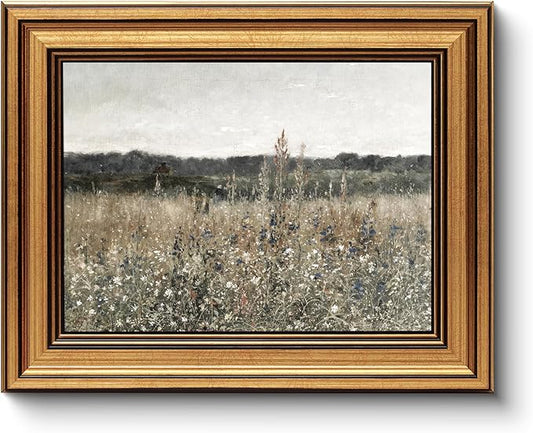 HUARCEY Framed Canvas Wall Art Prints, Living Room Shelf Vintage Art Aesthetic, Wildflower Landscape Paintings Farmhouse Decor, Retro Table Desk Decoration for Bedroom Bathroom, 8x10Inch