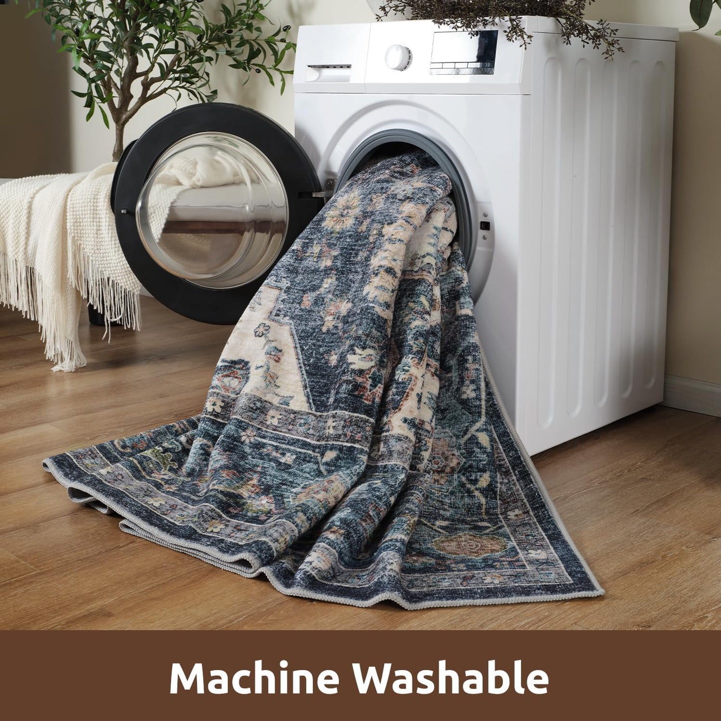AMOAMI-2X10 Runner Rug-Washable Runners for Hallways-Soft Non Slip Bedside Rugs for Bedroom-Vintage Long Rug for Hallways Entryway Laundry Room Stair Kitchen Bathroom Blue