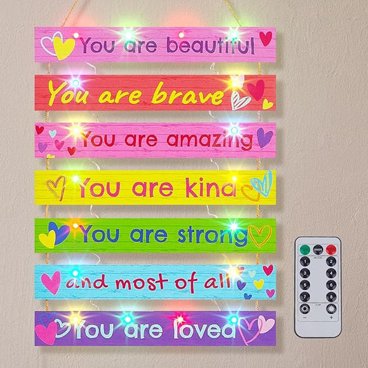 FIOBEE Girls Room Décor for Teen Girls Boys with LED Light Wall Decor for Bedroom Motivational Inspirational Wall Art Room Decoration for Kids Studyroom, 8 Kinds of Lights, Colorful Love