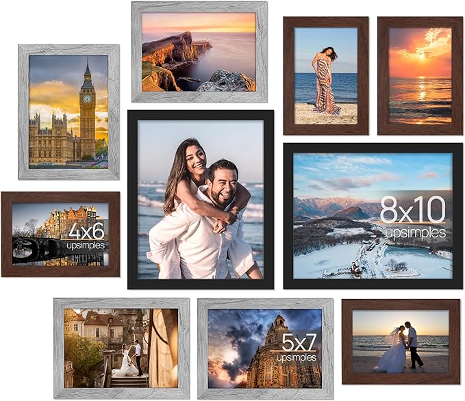 upsimples 10 Pack Picture Frames Collage Wall Decor for Mounting or Tabletop Display, Photo Gallery Frame Set for Family, Multi Sizes Including 8x10, 5x7, 4x6, Black Gray Brown
