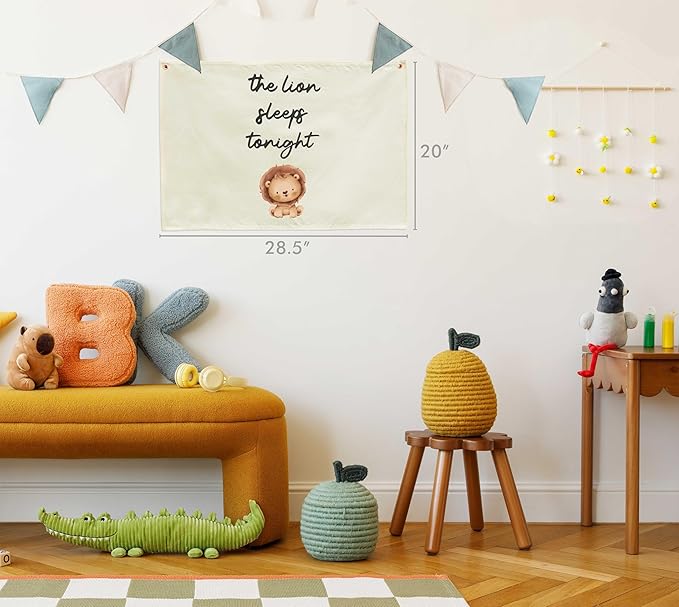 Nursery Rectangular Canvas Banner Wall Decor for Nursery Bedroom Decor-Poster Flag Sign Wall Art for Baby Toddler Kids,Baby Shower Birthday Easter Christmas Gift-The Lion Sleeps Tonight
