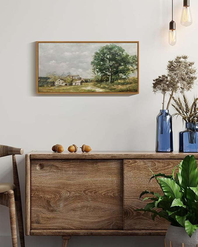 SHENIFY Vintage Framed Wall Art Rustic Country Road Landscape Painting Retro Countryside Scenery Farmhouse Kitchen Living Room Decor - 8x16in Natural Framed
